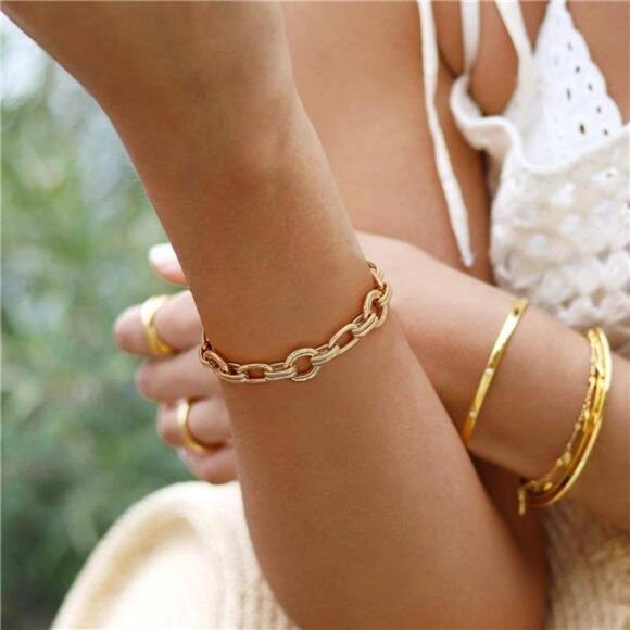 18k Gold Plated Chunky Cuban Link Bracelet for Men Women Toggle Rope Jewelry - Picture 5 of 7